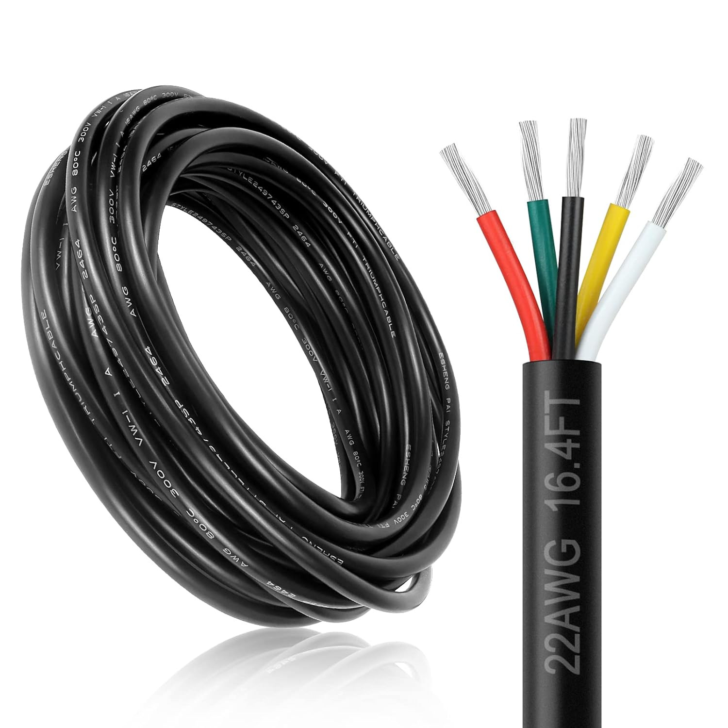22 Gauge 5 Conductor Electrical Wire, 16.4FT 22AWG Black PVC Stranded Tinned Cop