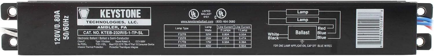 Keystone KTEB-232RIS-1-TP-SL Electronic Ballast, 2-Lamp, 32W T8, F32T8, 120V