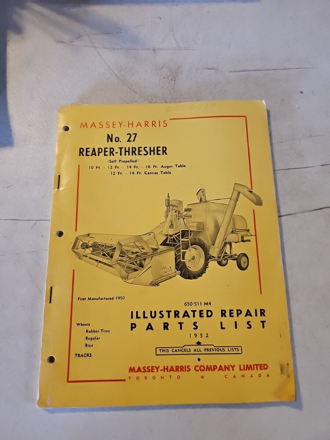 Vintage 1952 Massey Harris 27 Reaper Thresher Illustrated Repair Parts List 