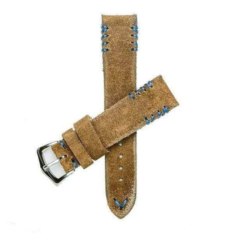 Brown Suede Vintage Watch Strap Blue Tribal Stitches