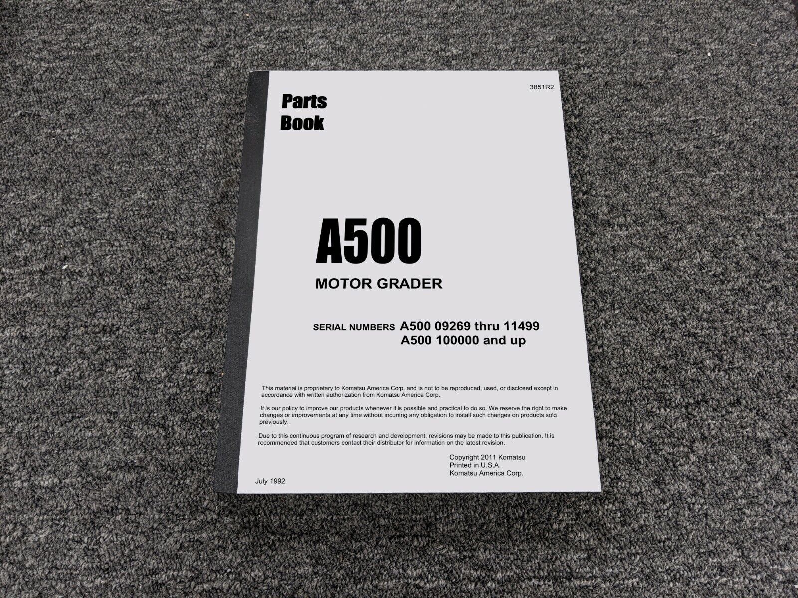 Komatsu A500 Motor Grader Parts Catalog Manual Book SN 09269-11499 & 100000-Up