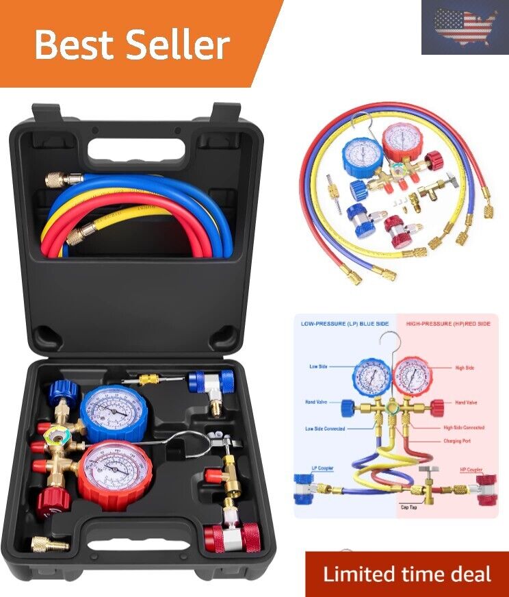 Durable 3 Way AC Manifold Gauge with Color-Coded Hoses for Easy Diagnostics