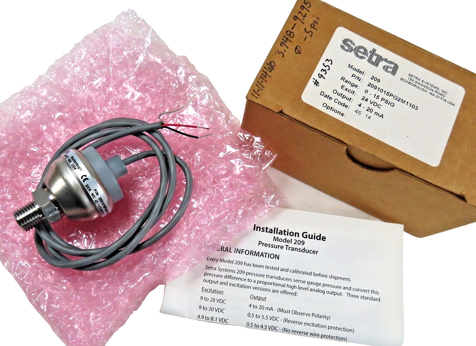 Setra Model 209 P/N 1015PG2M1103 Pressure Transducer, 0-15 PSIG, 24 VDC, 4-20mA