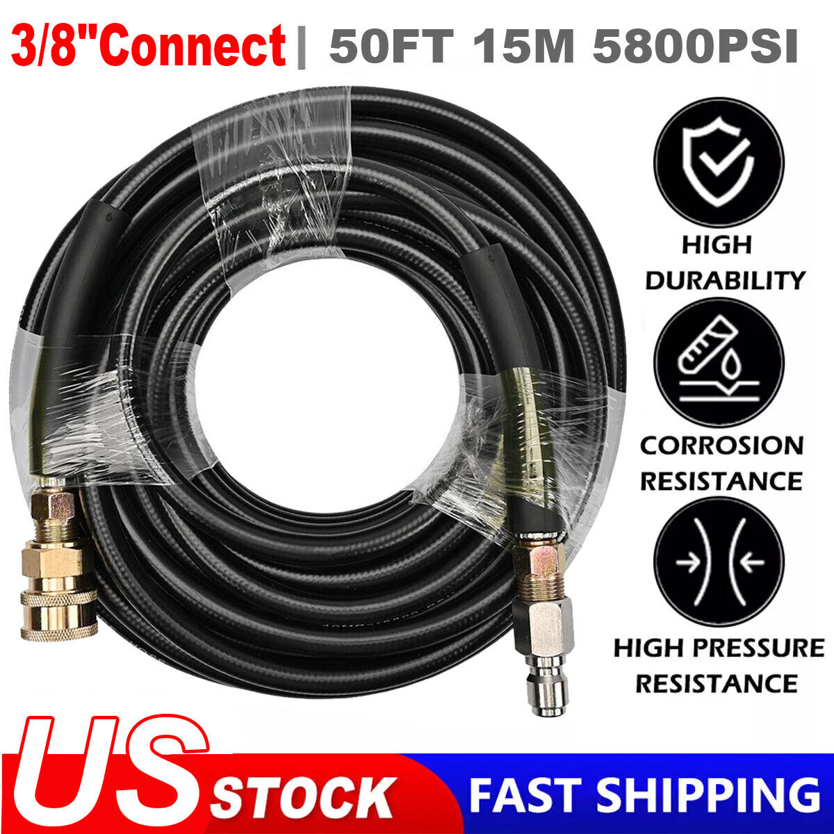 50FT 5800 PSI High Pressure Power Washer Replacement Hose 3/8