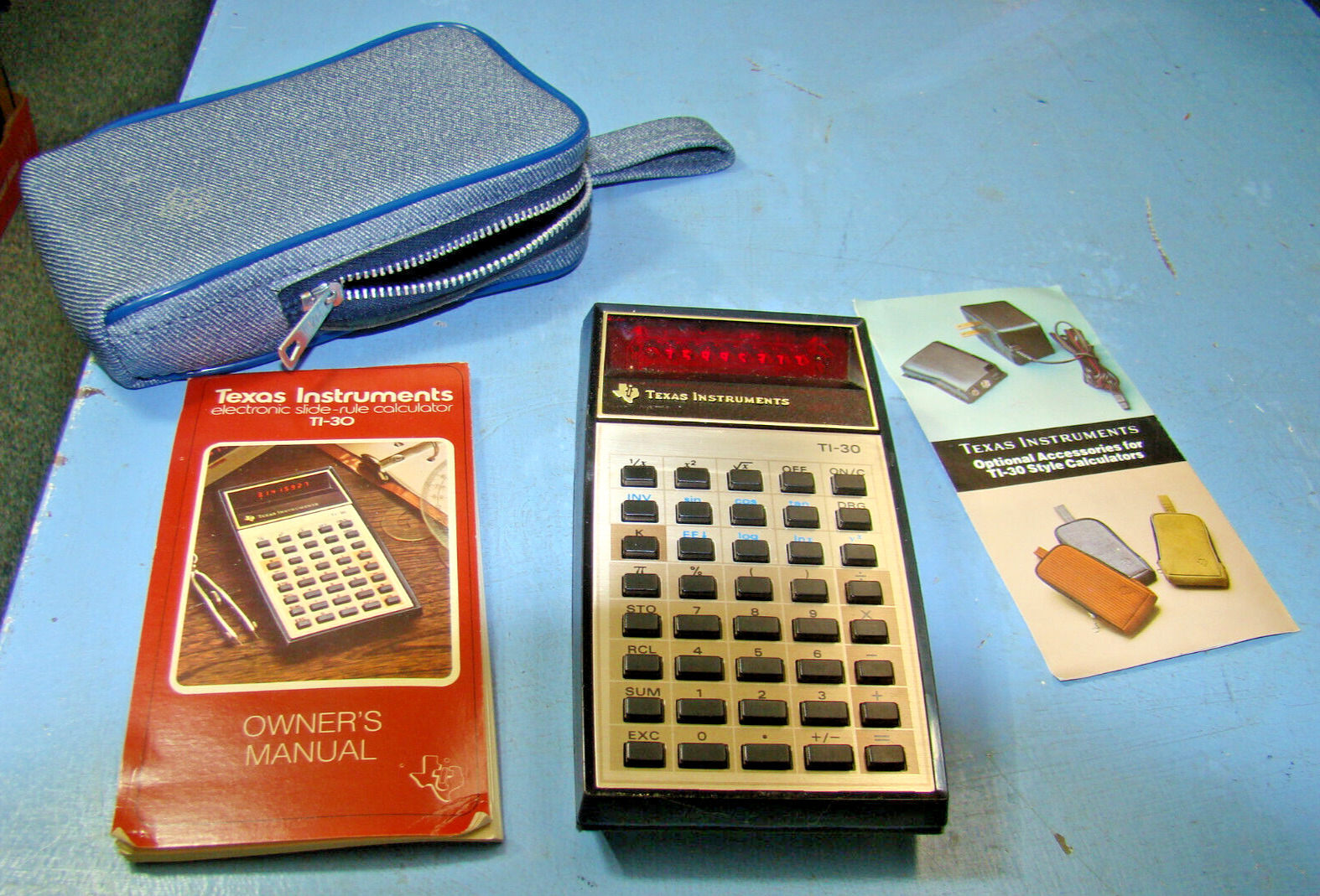 Vintage 1970s Texas Instruments TI-30 Calculator Red LED W/Case + Manual Works