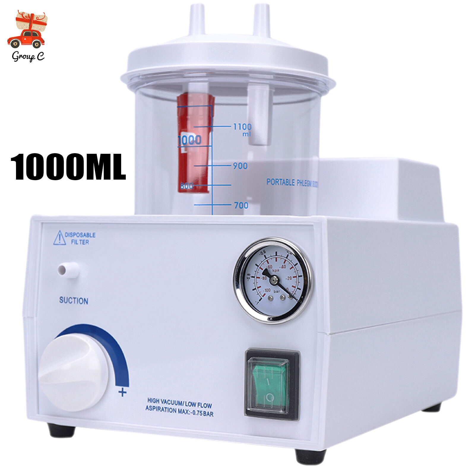 Portable Emergency Vacuum Phlegm Medical Aspirator Machine Suction Unit 1000ml