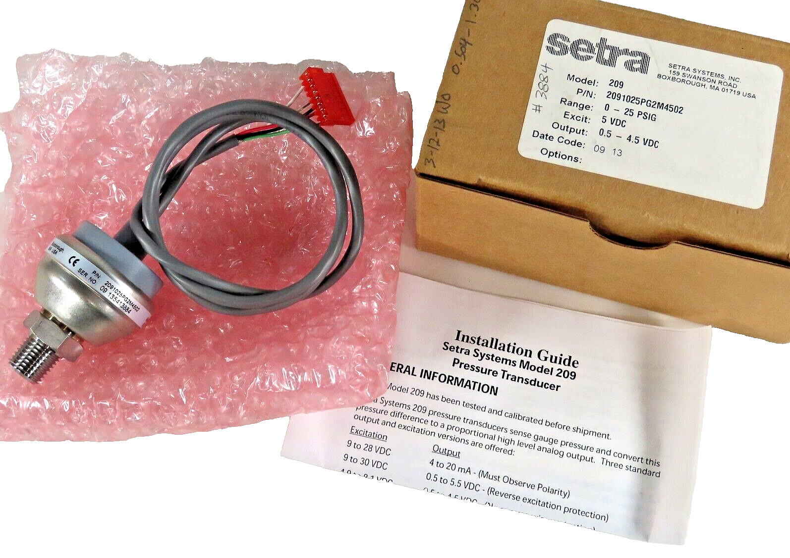 SETRA Mdl 209 PN 1025PG2M4502 Pressure Transducer 0-25 PSIG 5VDC 0.5-4.5 VDC