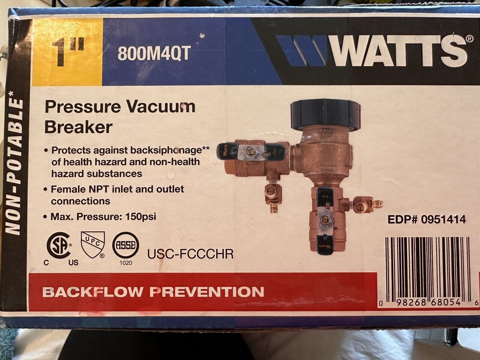 Watts 1 Inch Pressure Vacuum Breaker 800M4-QT