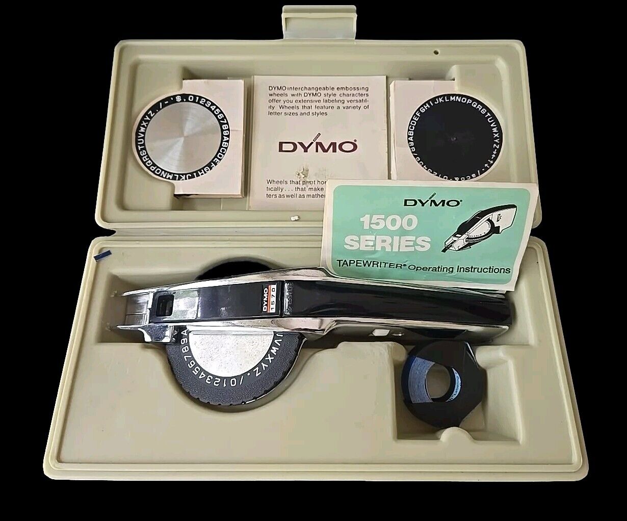 Vintage DYMO 1570 Tapewriter Label Maker Chrome Black W/ 3 Wheels & Case