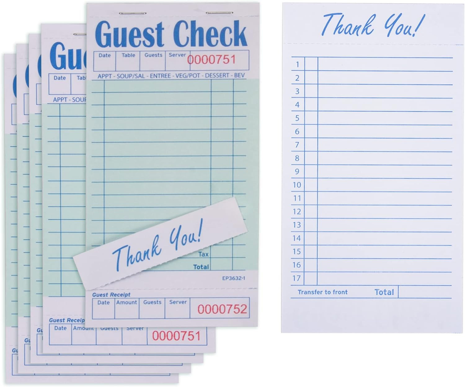 Guest Check Pads EP-3632-1 (10 Pads), Total 500 Green Waitress Notepad, Server O