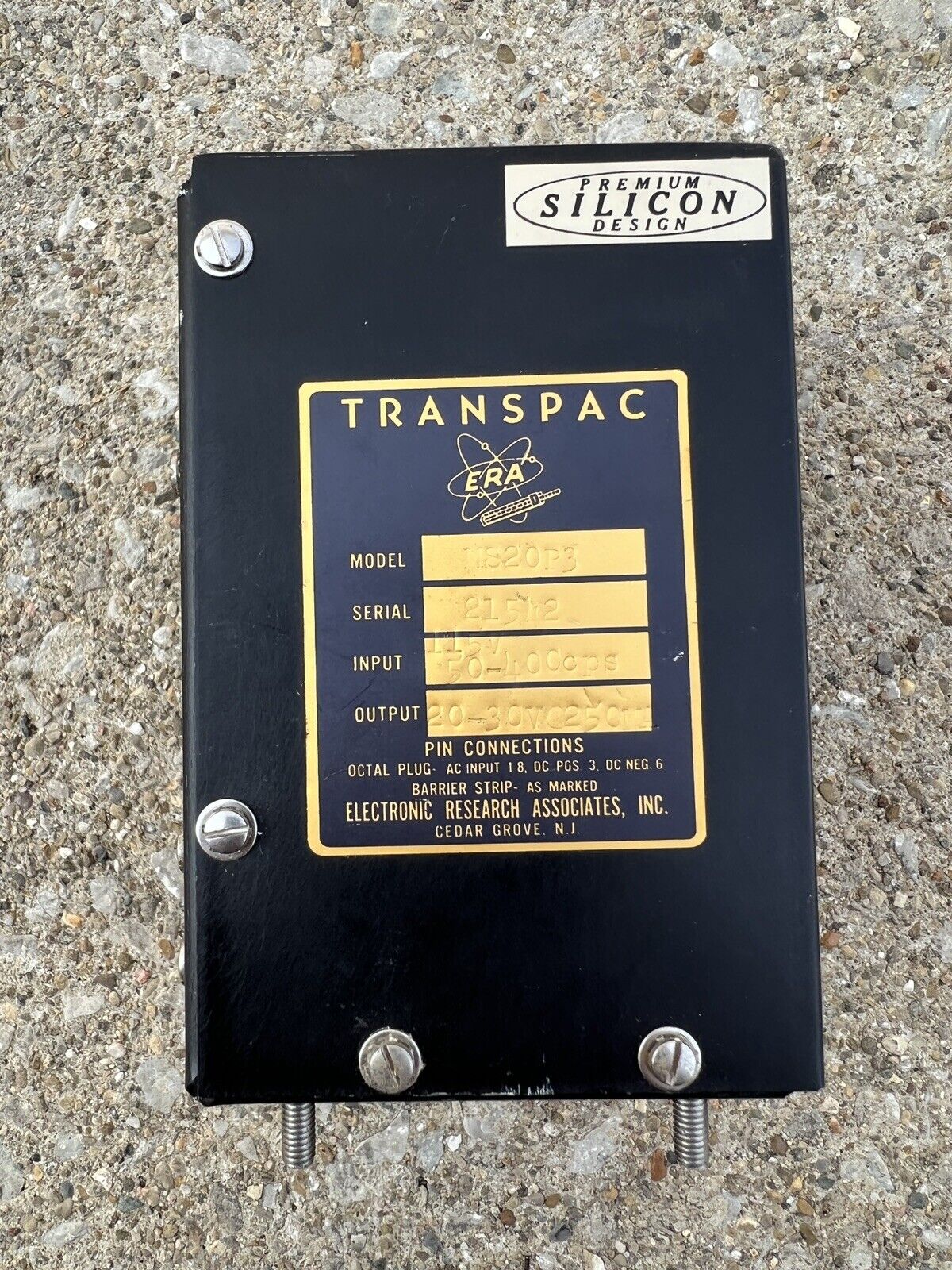 Vintage ERA TRANSPAC MS20P3 20-30V Octal Pin Plug Silicon Power Supply, Untested