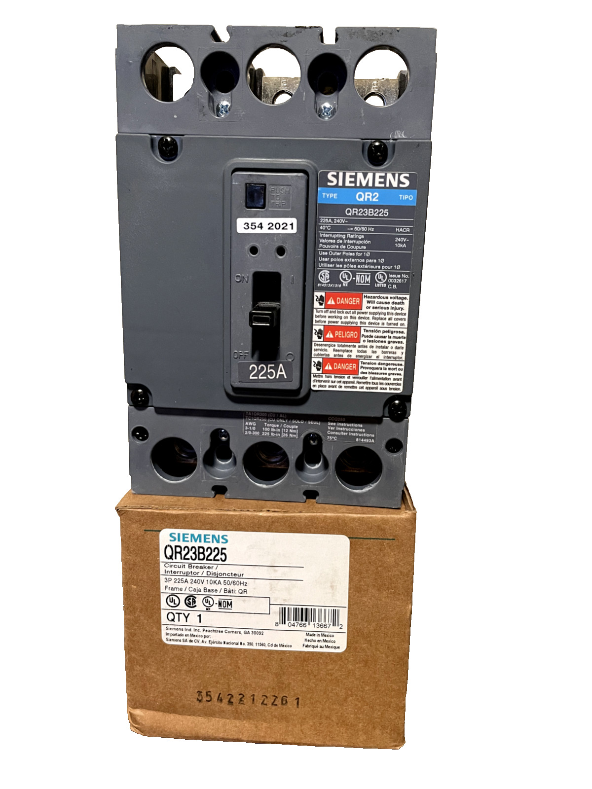 NEW Siemens QR23B225 3p 240v 225a 10k Circuit Breaker NEW IN BOX 10AVL