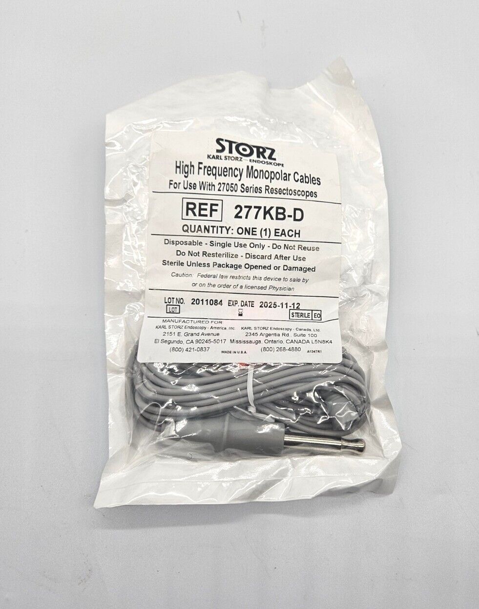 Karl Storz 277KB-D High Frequency Monopolar Cable for Resectoscopes