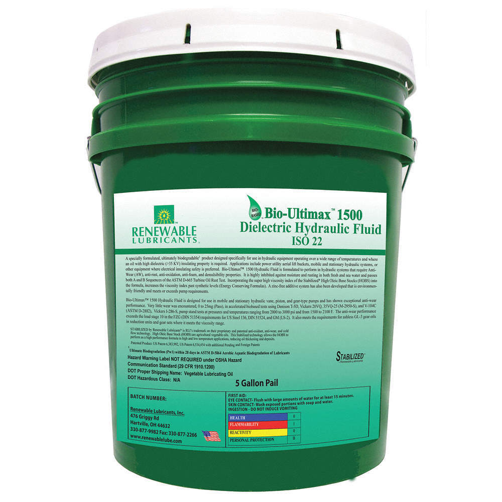 RENEWABLE LUBRICANTS 81094 Dielectric Hydraulic Oil,ISO 22,5 Gal