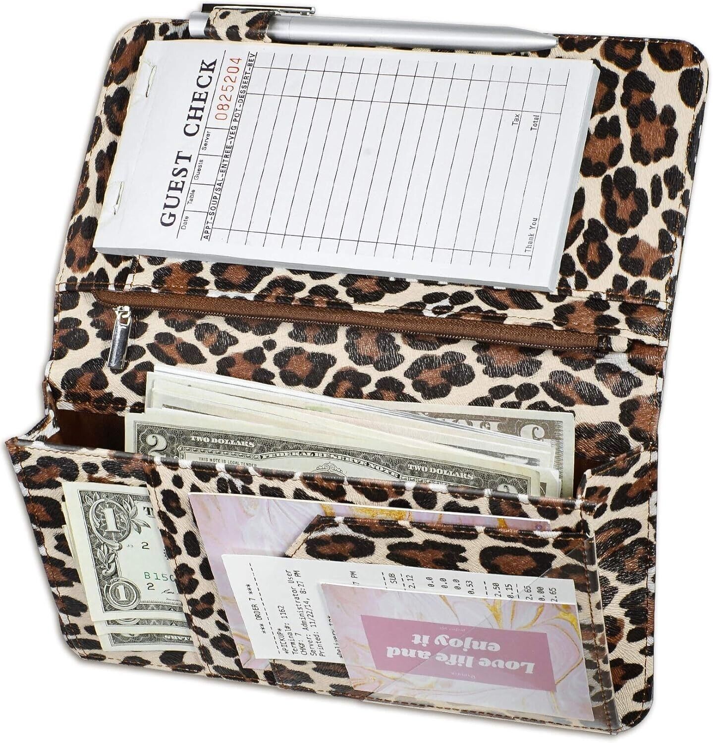 Server Book for Waitress, 5 X 9 Leopard Serving Books with Zipper Pouch, Magn...