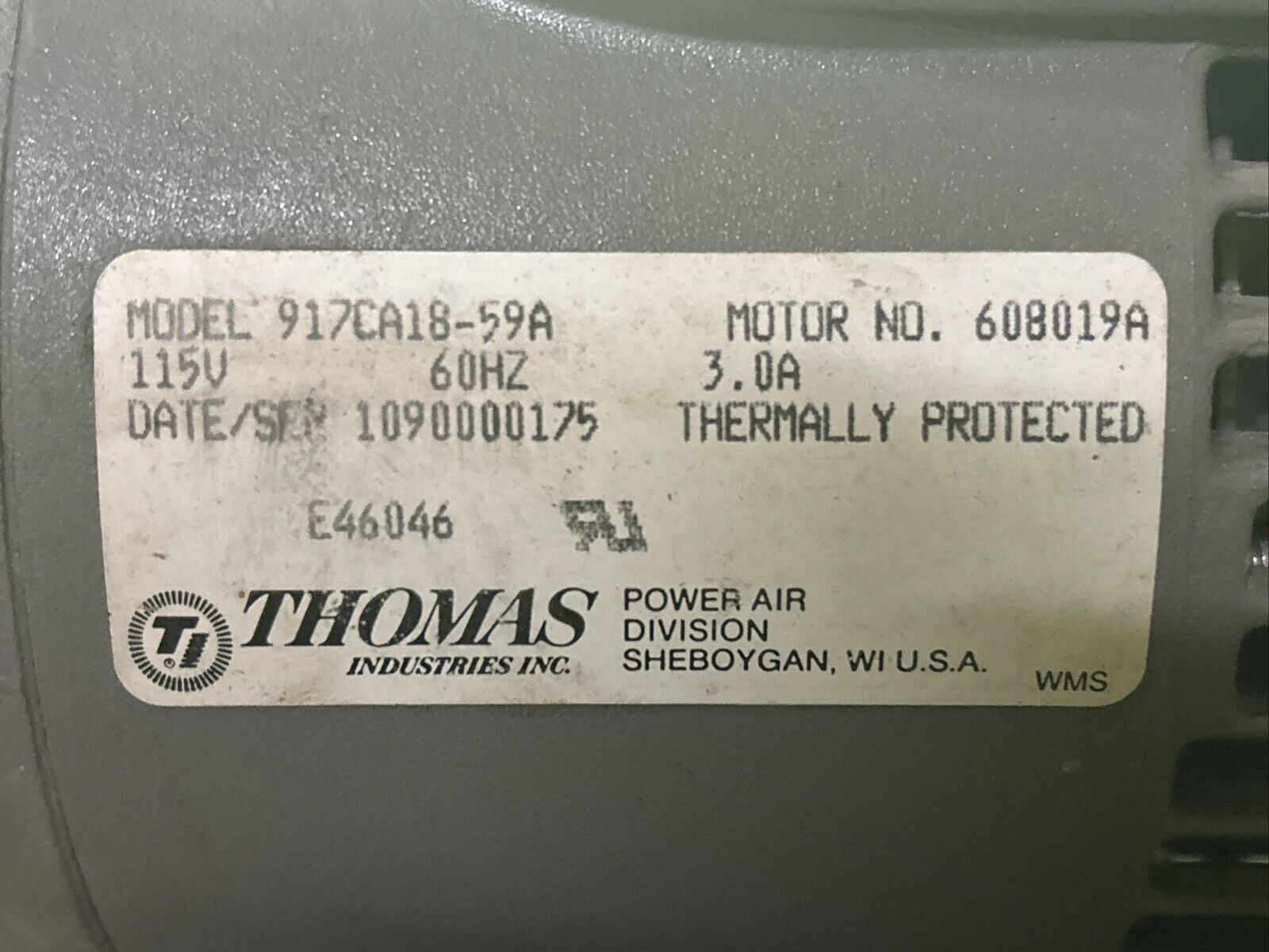 Thomas 917CA18-59A Vacuum Pump/compressor 115v Thermally Protected