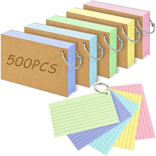 500 Pcs Ruled Index Cards 3x5 Inch Colored Flash Cards with Ring for School