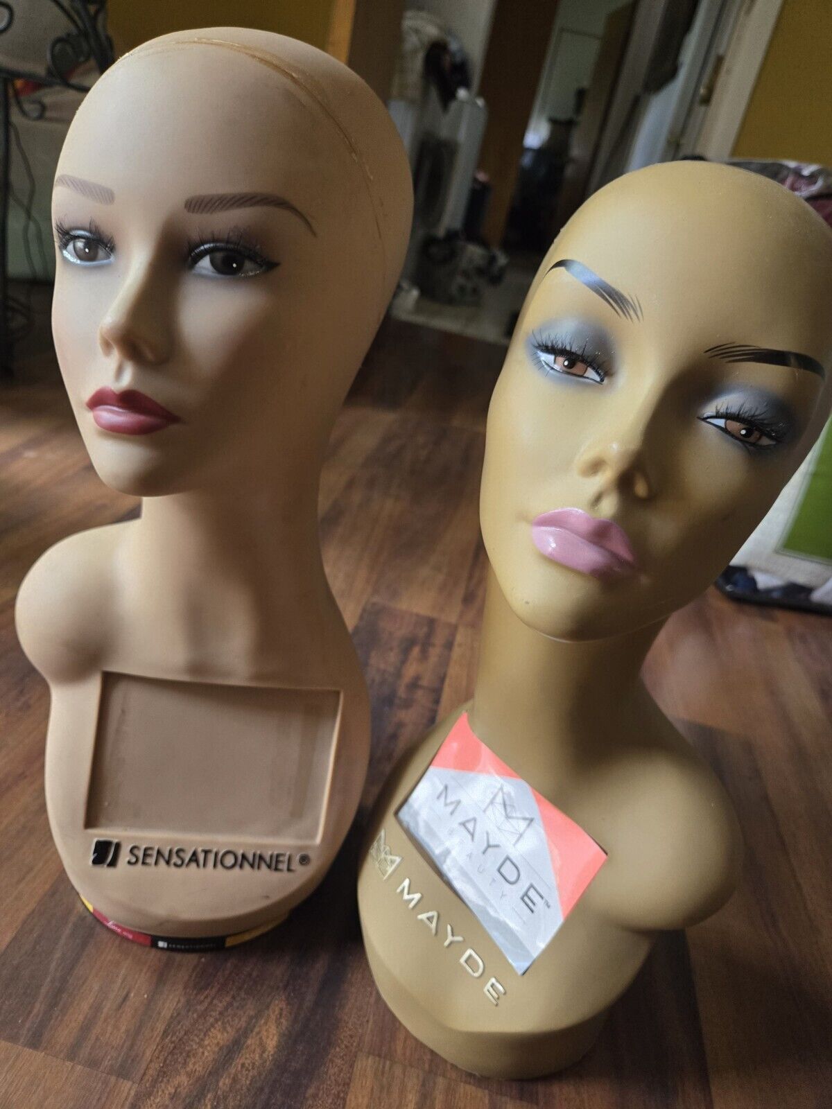 2 Vintage Mannequin Head Wig Display Painted Eyes + Eyelashes Lips Spins