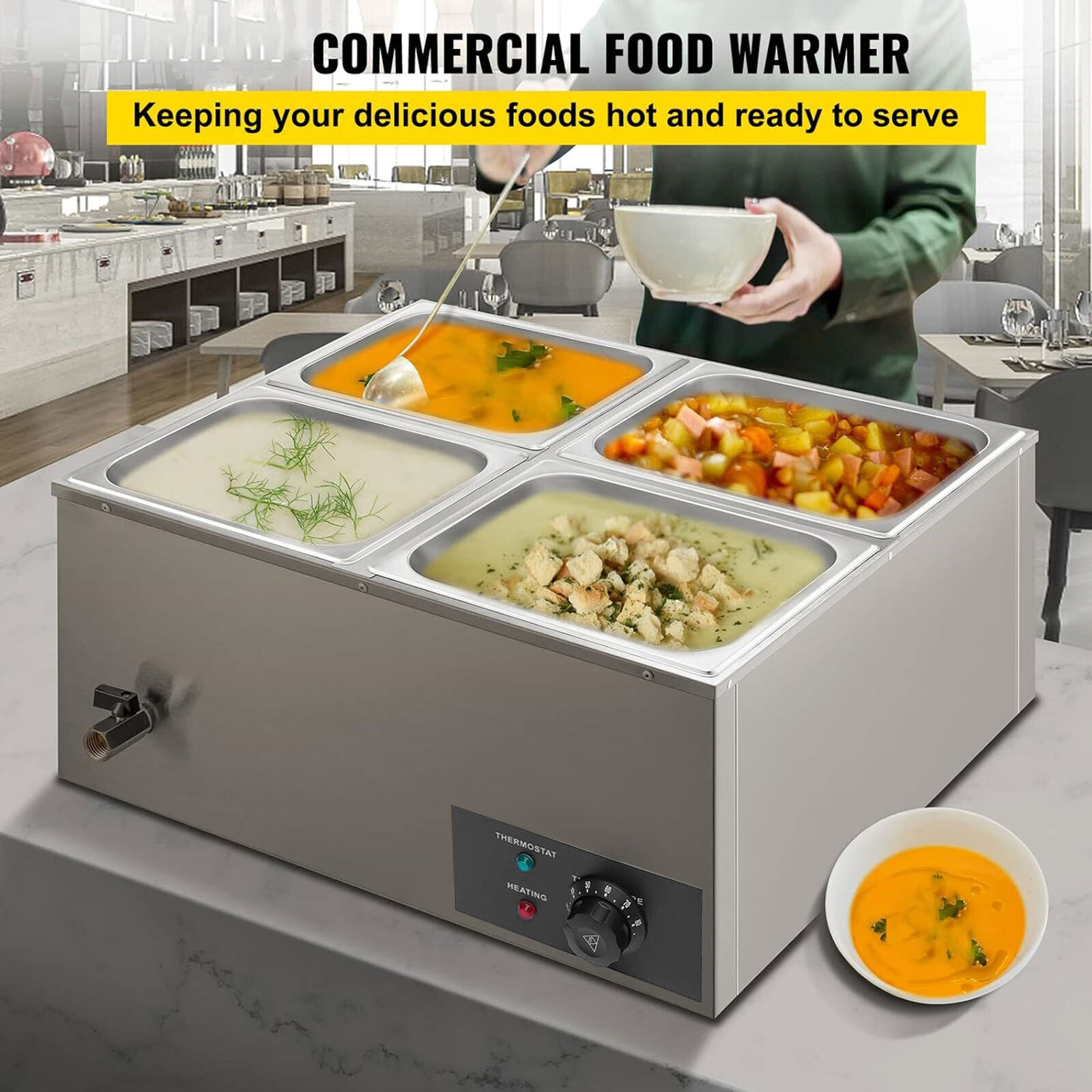 Electric Food Warmers 4-Pan Buffet Server With Lid And Tap 110V Stainless Steel