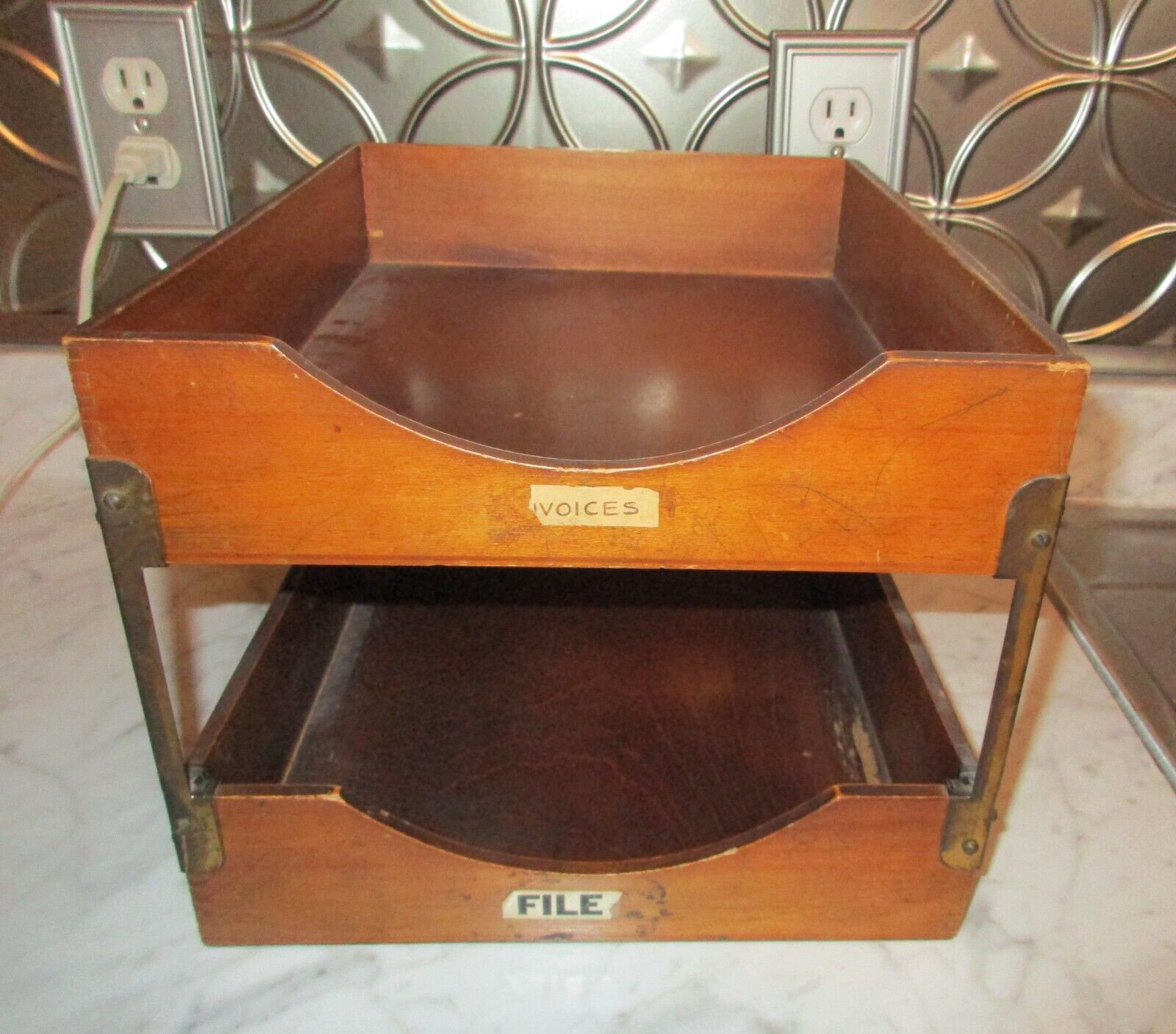 Vintage Wood Desk Office 2 Tier Tray Organizer