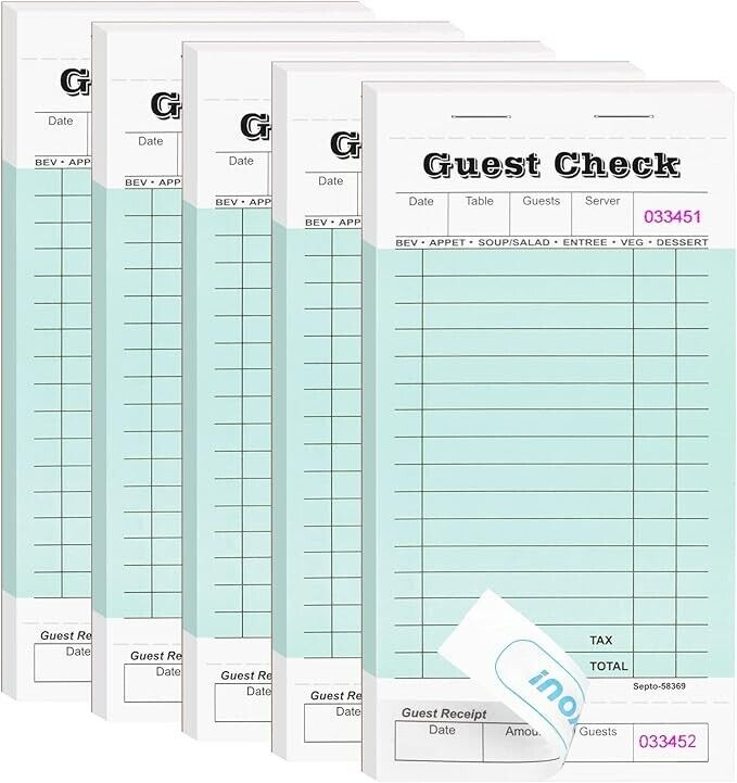 5 Pack Guest Check Books, Server Note Pads for Restaurant, Green Waiter Checkboo