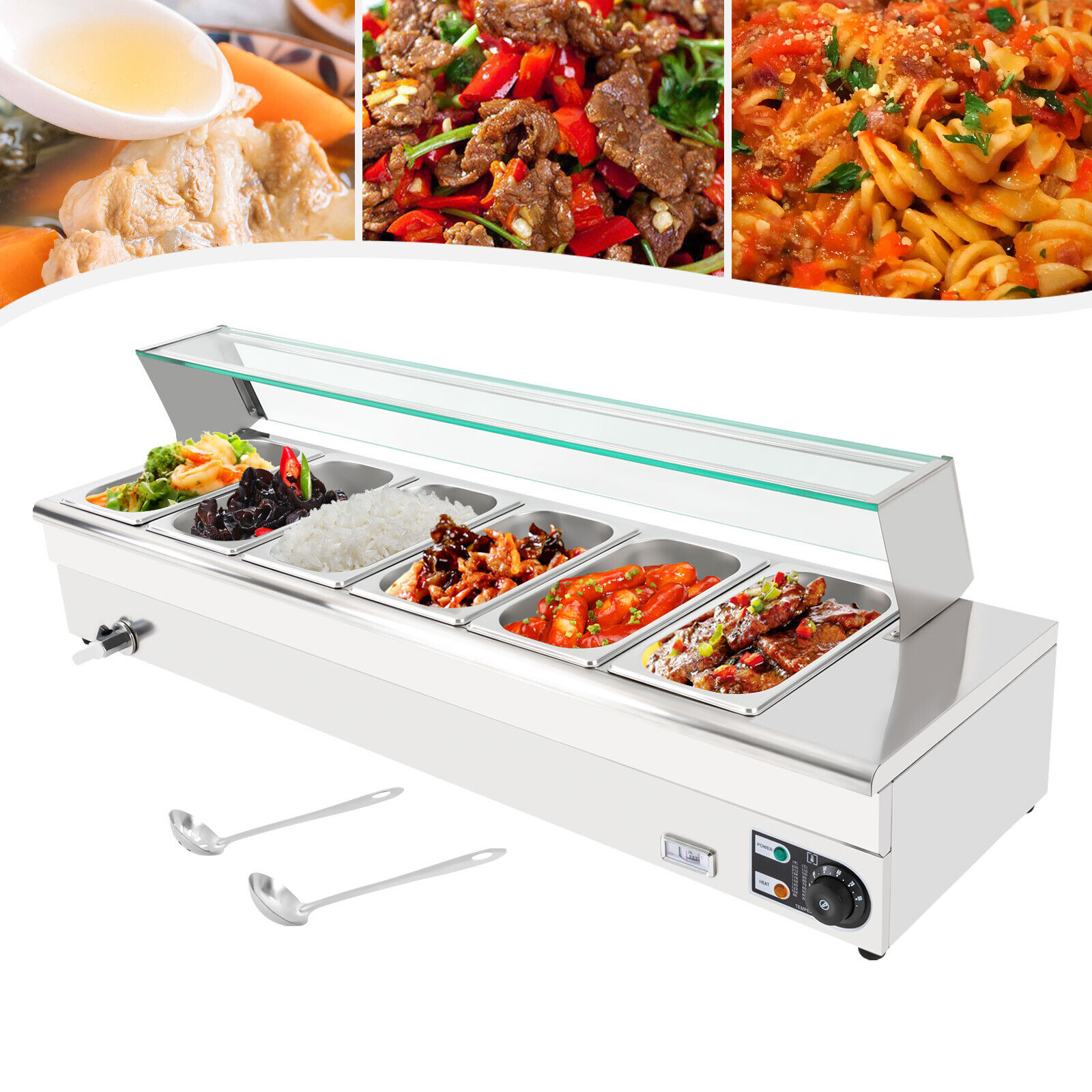 6 Pans Commercial Electric Bain Marie Buffet Server Countertop Food Warmer 1200W