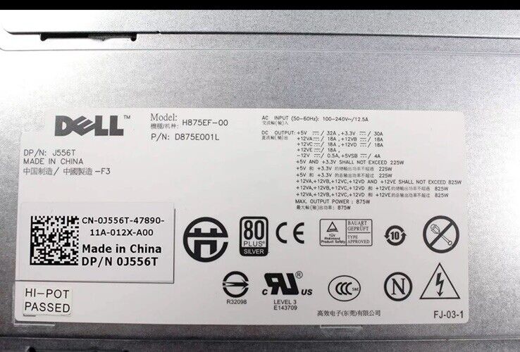 for Dell Precision T5500 Alienware Aurora 875W U595G W299G 0J556T Power Supply