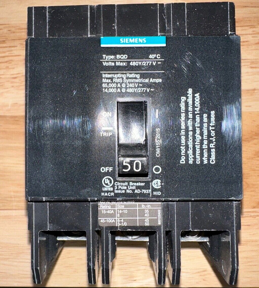 Siemens BQD350 3 Pole 50 Amp 480V Circuit Breaker