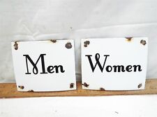 Pair Vintage White Porcelain Enamel Men & Women Restroom Door Signs Bathroom picture
