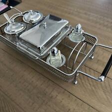 RARE Vintage Metal Glass TABLE SERVICE SET Condiment Caddy Hostess Tray  picture