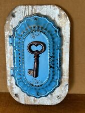 Vintage  Key Holder Weathered, Wood And Metal Hanging Blue c7 picture