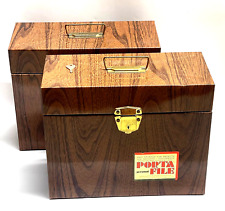 Two Vintage 1970s Porta File Metal Storage Tin File Boxes Wood Grain + Key picture