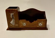 Vintage Vietnamese Handmade Wooden Business Card Pencil Holder w/ Abalone Shell picture