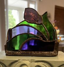 Vintage Handmade Stained Glass Flower Business Card Holder picture