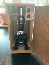 VINTAGE 1970'S PERFECT MODEL 805 MICROSCOPE WITH ORIGINAL WOODEN CASE-JAPAN picture