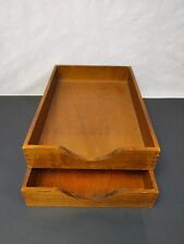 Lot 2 Vintage CARVER Desk Organizer Dovetailed Wood In Out Box Letter Tray Set picture