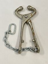 Vintage Bull Nose Lead Pliers Cattle Tool Cast Metal W/Chain 8” Long picture